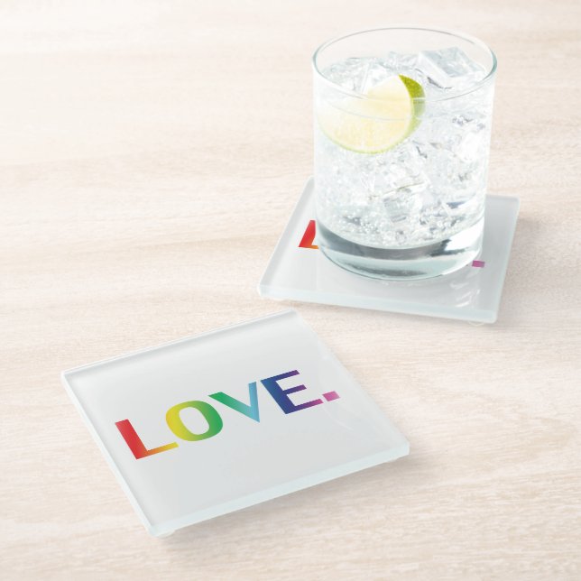 Love, pride lgbt lgbtq gay queer rainbow colours glass coaster (Angled)
