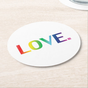 Love, pride lgbt lgbtq gay queer rainbow colours round paper coaster