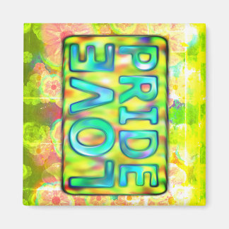 love & pride text in yellow hues on text plate magnet