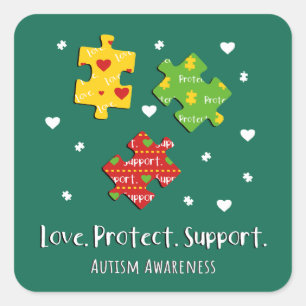 Love Protect Support Autism Awareness Puzzles Square Sticker