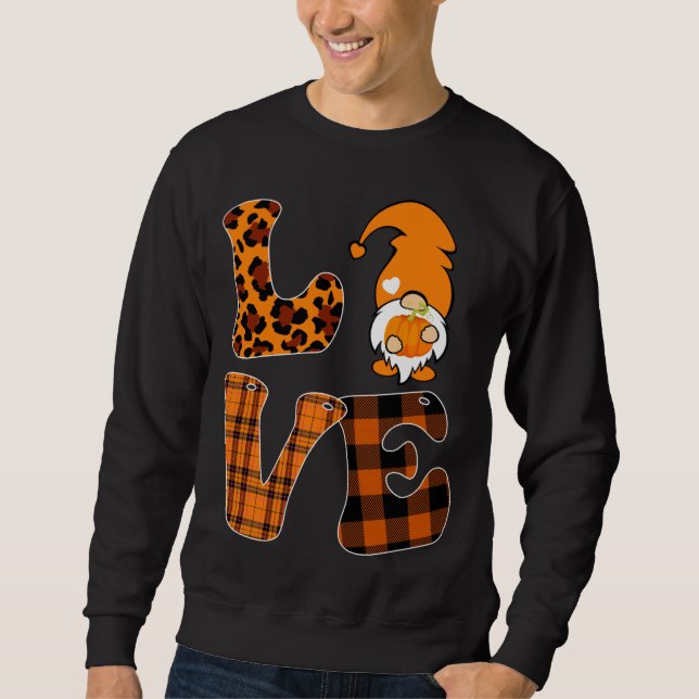 LOVE Pumpkin Gnome Fall Autumn Leopard Plaid Check Sweatshirt (Front)