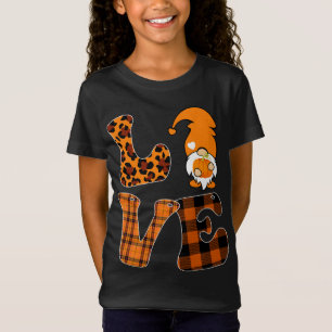 LOVE Pumpkin Gnome Fall Autumn Leopard Plaid Check T-Shirt