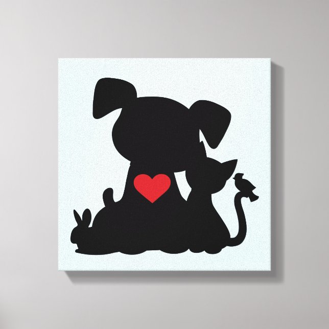 Love Puppy and Kitten Silhouette Blue Canvas Print (Front)