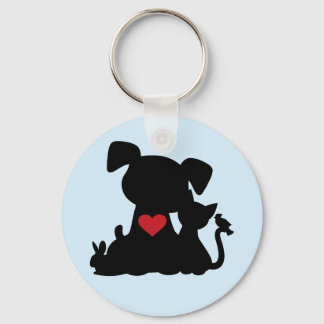 Love Puppy and Kitten Silhouette Blue Key Ring