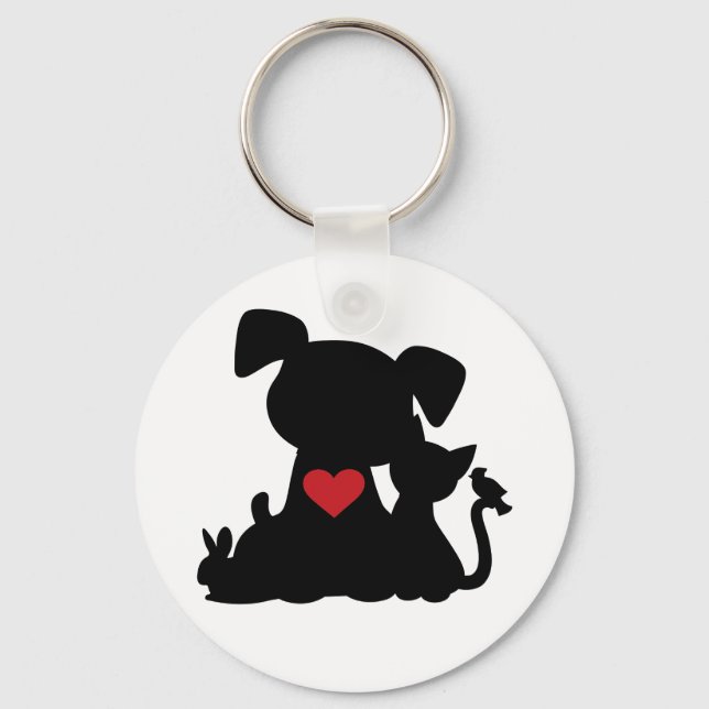 Love Puppy and Kitten Silhouette Button Keychain (Front)