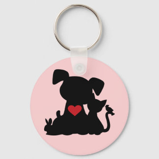 Love Puppy and Kitten Silhouette Pink Key Ring