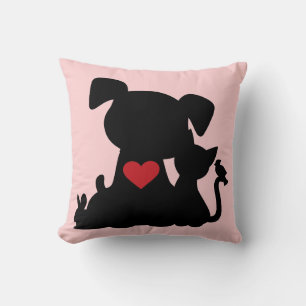 Love Puppy and Kitten Silhouette Pink Pillow