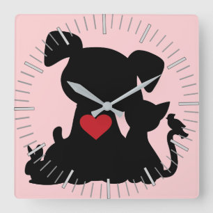 Love Puppy and Kitten Silhouette Pink Square Wall Clock