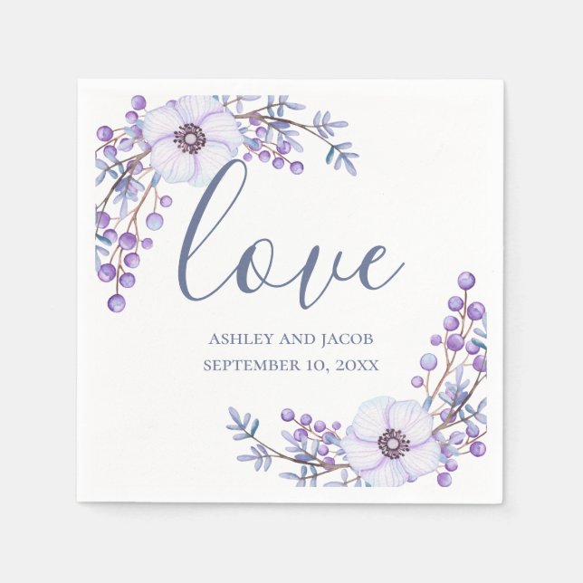 Love. Purple flowers. Lilac floral script wedding Napkin (Front)