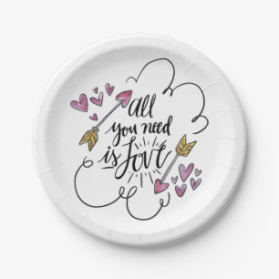 Love Purple Hearts Arrows Wedding Bridal Shower Paper Plate