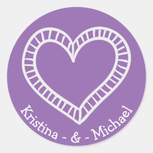Love Purple & White Heart Personalised Wedding Classic Round Sticker