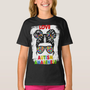 LOVE Puzzle Pieces Autism Awareness Messy Bun Girl T-Shirt