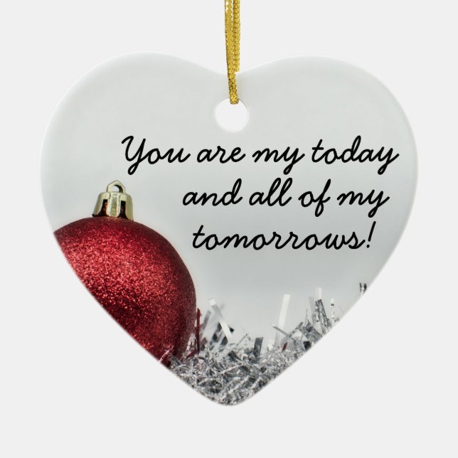 Love quote red glittery Christmas ball romantic Ce Ceramic Tree Decoration (Front)