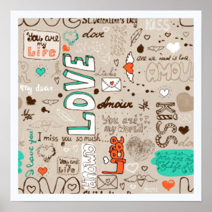 Love Quotes Doodle Pattern Poster