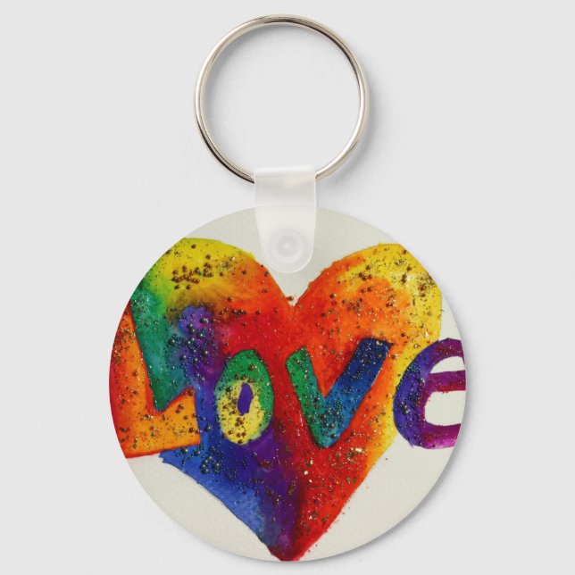 Love Rainbow Heart Art Word Painting Keychain (Front)