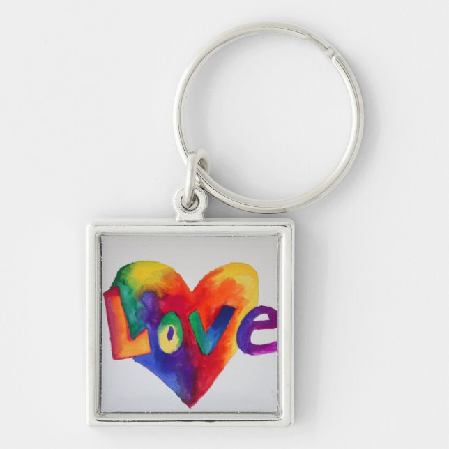 Love Rainbow Heart Art Word Painting Keychain (Front)