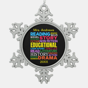 Love Reading Books - Genre Word Art Snowflake Pewter Christmas Ornament
