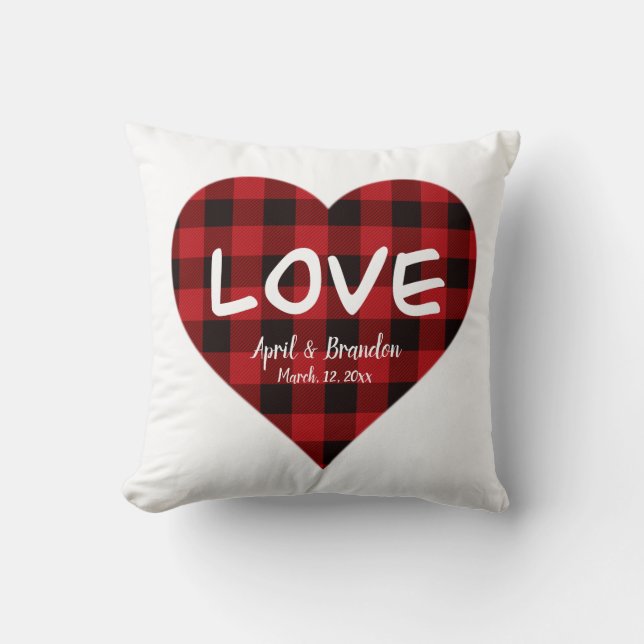 Love, red buffalo plaid pattern, valentine heart cushion (Front)