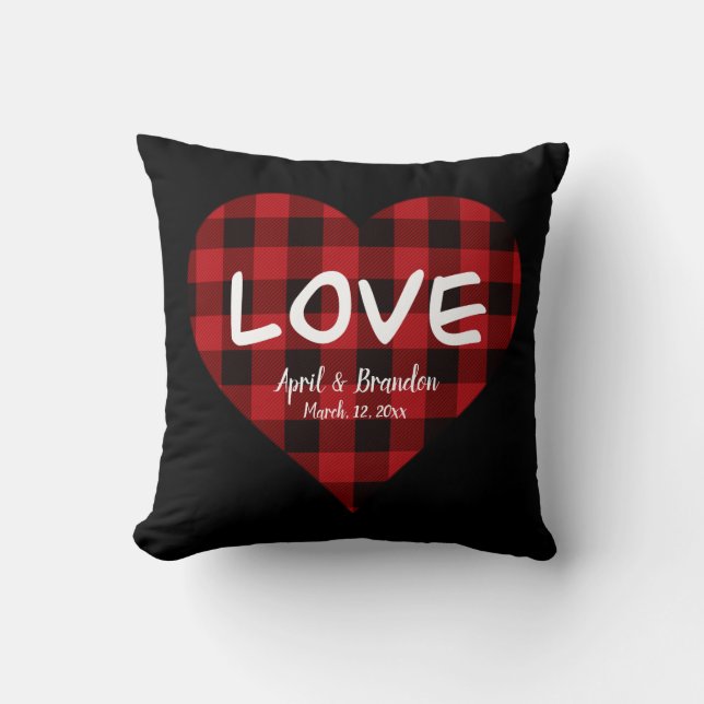 Love, red buffalo plaid pattern, valentine heart cushion (Front)