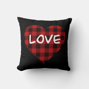 Love, red buffalo plaid pattern, valentine heart cushion