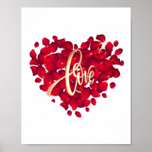 Love Red Colour Heart Shape Petals Poster