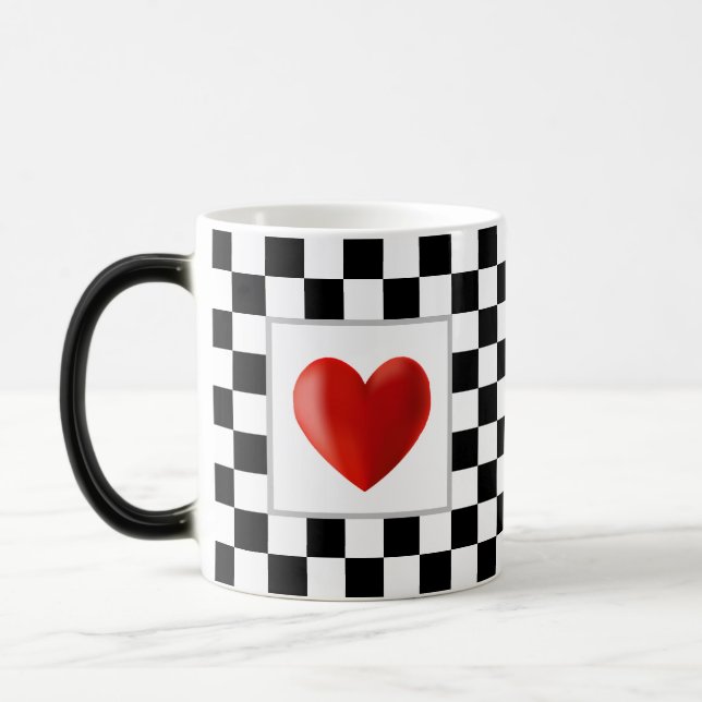 Love Red Heart on Black & White Chess Magic Mug (Left)