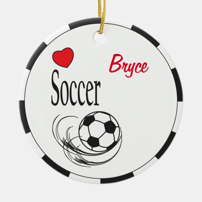Love Red Heart Soccer Ball Ceramic Tree Decoration (Front)
