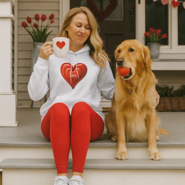 Love Red Heart Valentine's Day for Her  Hoodie (Valentine’s hoodie with red heart and “Love” text—cozy style for dog lovers and porch moments.)