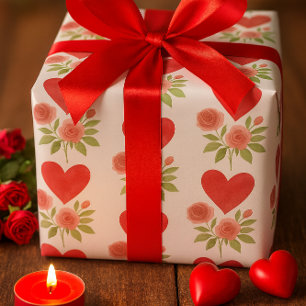 Love Red Hearts Pink Roses  Wrapping Paper