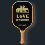 Love Retirement Monogram Name Court   Pickleball Paddle<br><div class="desc">Pickleball Guy certainly deserves a pickleball paddle that tells the story -- he's retired and loving life / and pickleball. His initials / monogram on the paddles and his name on the bottom. Gold and Black -- unique and classic. For yourself or makes a wonderful retirement gift. Any design questions,...</div>