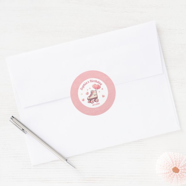 Love Roller Skating Pink Girl's Birthday Party Classic Round Sticker (Envelope)