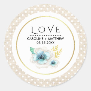 Love. Romantic Floral Burlap Texture Wedding  Classic Round Sticker