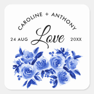 Love. Royal Blue Watercolor Floral Wedding  Square Sticker