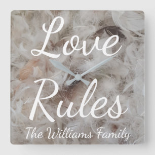 Love Rules Bird Feathers Photography Elegant Square Wall Clock