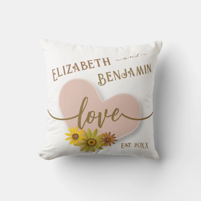 Love Rustic Peach Heart with Flowers Typography Cushion (Front)