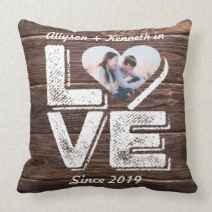 Love Rustic Woodland Photo Heart Frame Monogram Cushion