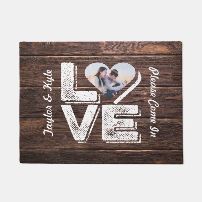 Love Rustic Woodland Photo Heart Frame Monogram Doormat (Front)