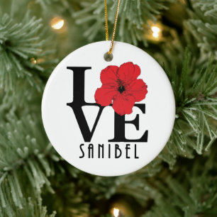 LOVE Sanibel Red Hibiscua Ceramic Tree Decoration