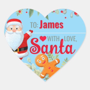 "Love, Santa" Gingerbread Custom Christmas Blue Heart Sticker