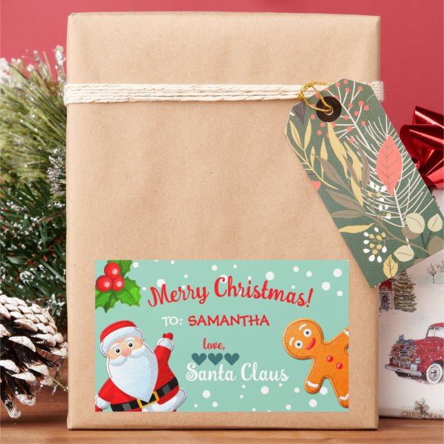 Love, Santa & Gingerbread Festive Custom Christmas Rectangular Sticker (Holiday)