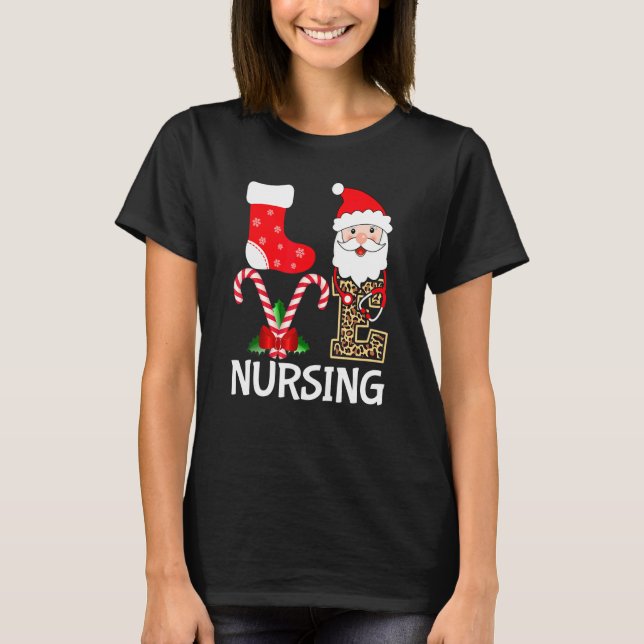 Love Santa Nursing Stethoscope Leopard Christmas R T-Shirt (Front)
