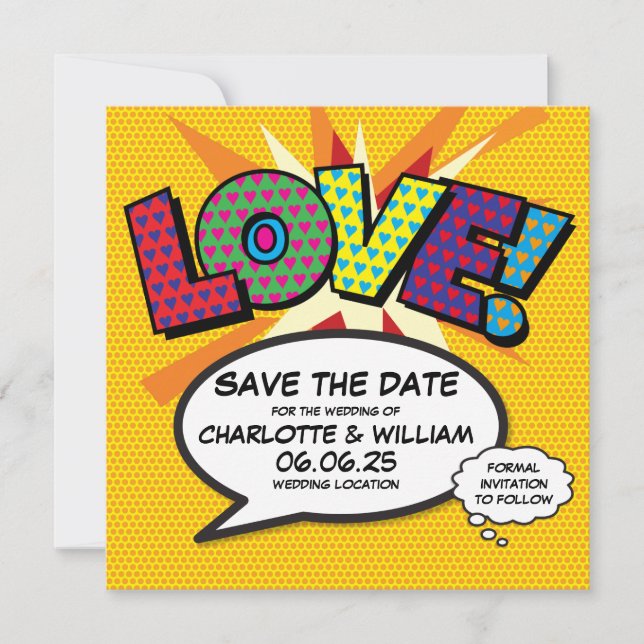 LOVE Save the Date Fun Retro Comic Book Pop Art (Front)