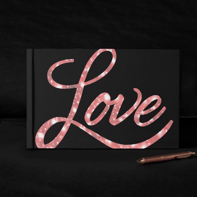 Love Script | Black and Pink Glitter Star Sparkle Guest Book (Creator Uploaded)