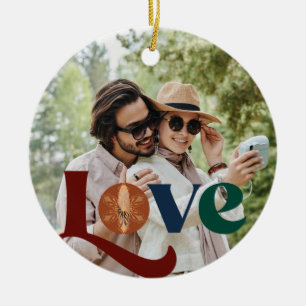 Love script couple photo first Christmas together  Ceramic Tree Decoration