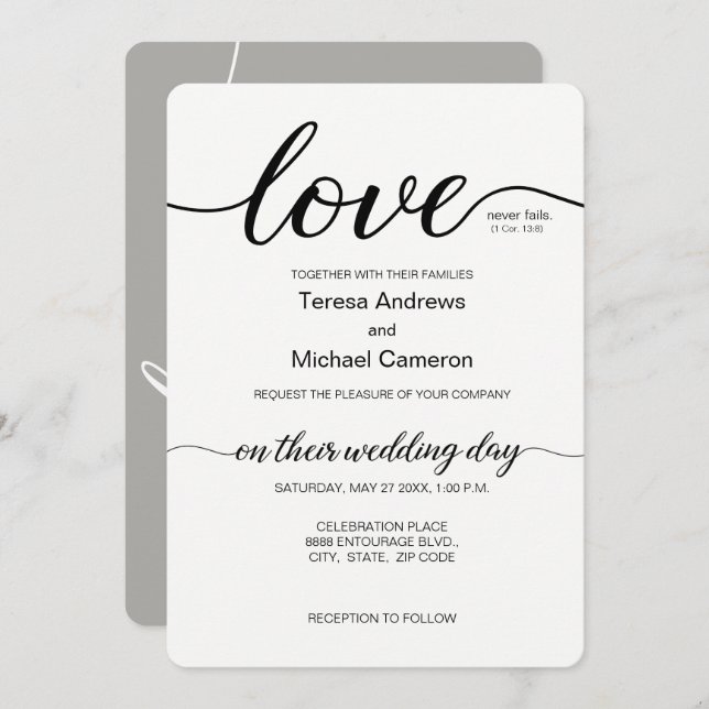 Love Script Grey Minimalist Christian Wedding Invitation (Front/Back)