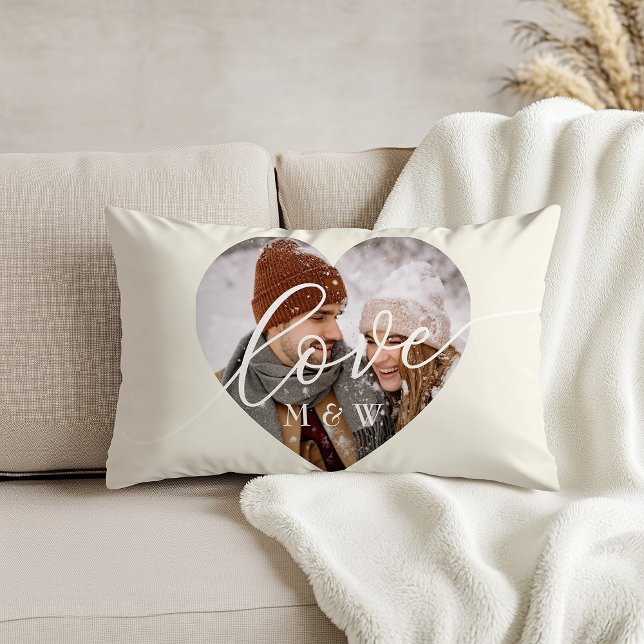 Love Script Heart Photo Ivory Lumbar Cushion (Creator Uploaded)