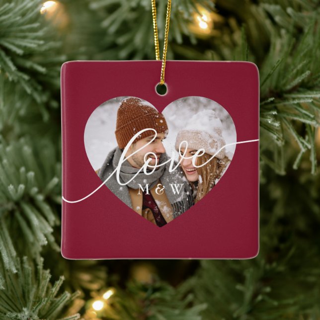 Love Script Heart Photo Red Ceramic Ornament (Tree)