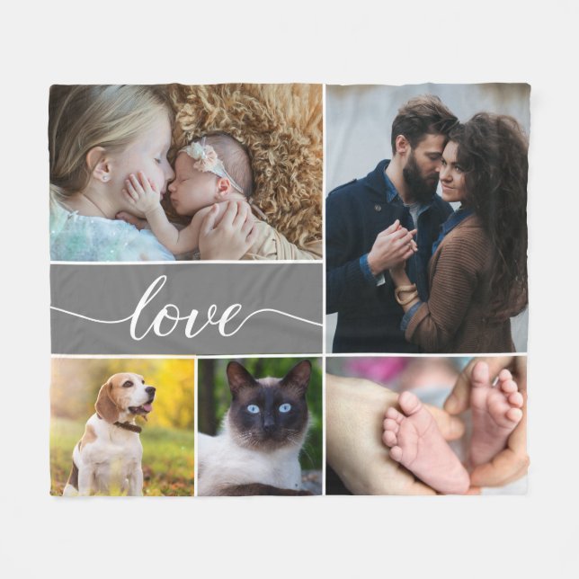 Love Script Mod Grey Family Photo Collage Fleece Blanket (Front (Horizontal))