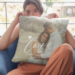 Love script modern 2 photo heart personalised cushion<br><div class="desc">Elegant two photos love script custom throw pillow. Can make a stylish keepsake gift for an engaged or wedding couple or a family anniversary. Personalise it with your text!</div>