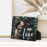 Love Script Overlay Couples Personalised Photo Plaque<br><div class="desc">Create a sweet keepsake of your wedding,  honeymoon or special moment with this beautiful custom plaque that's perfect for couples. Add a favourite horizontal photo,  with "love" aligned at the right in elegant white script lettering,  and your initials beneath.</div>
